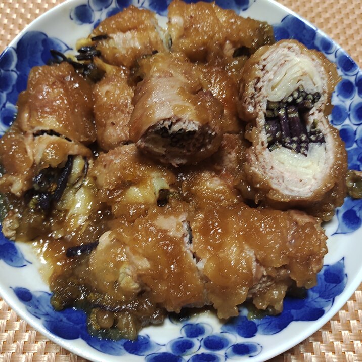 わらびと筍の肉詰め揚げびたし